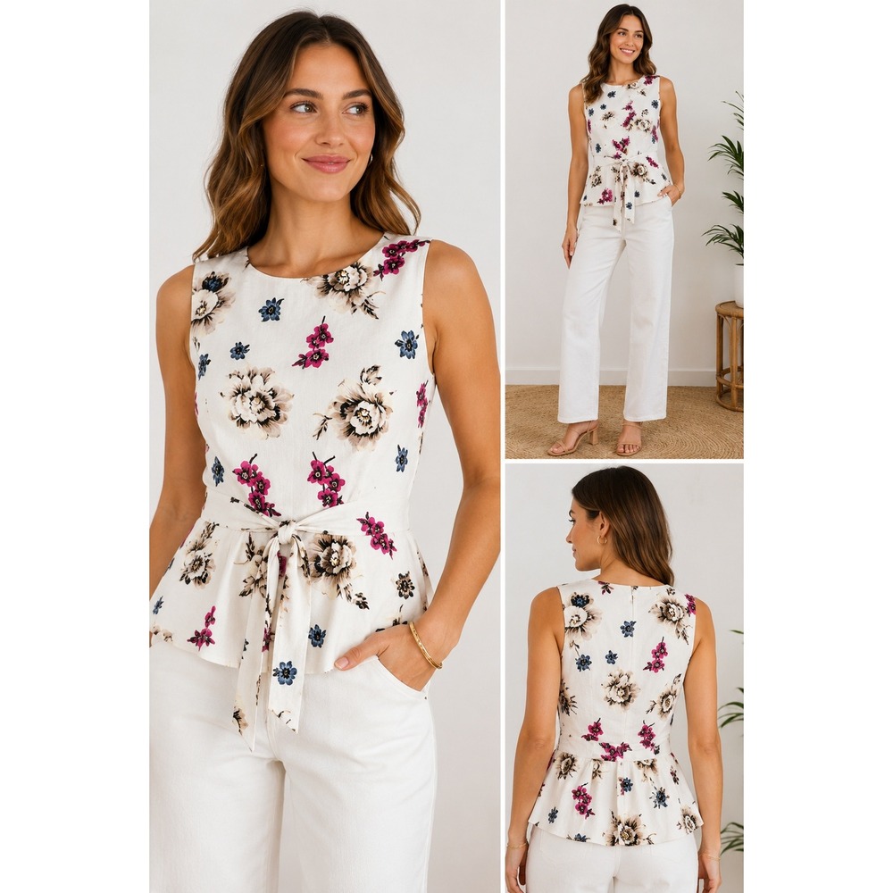 Ann Taylor Factory Floral Linen Blend Sleeveless Peplum Tie Waist Blouse Small